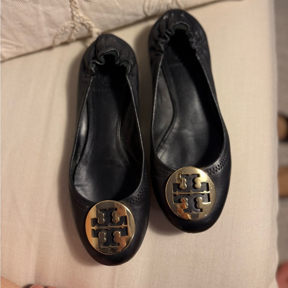 Tory Burch Black Flats with Gold Emblem
